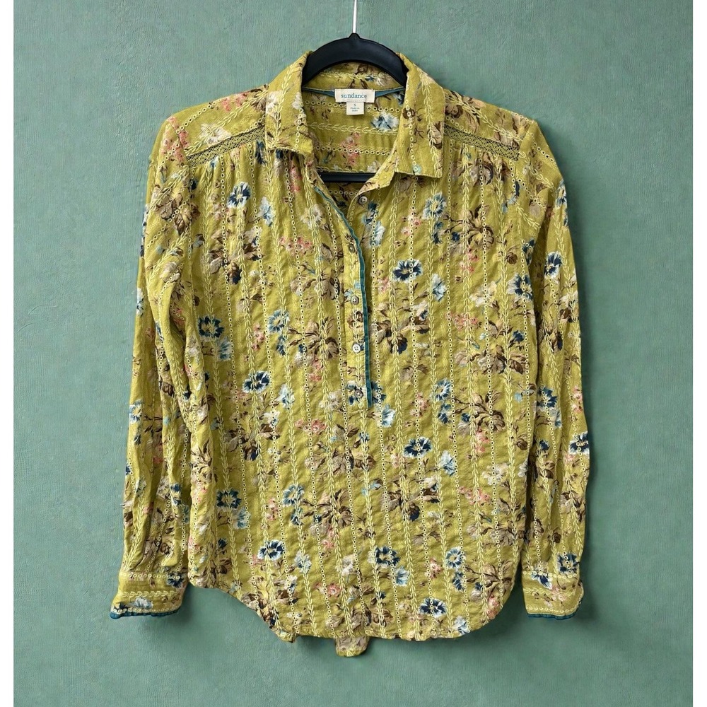 SUNDANCE Yellow Green Floral Button Blouse Shirt Cotton Size S LSleeve Floral